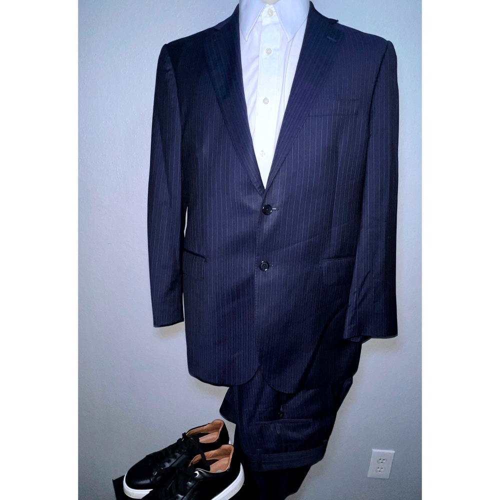 Ermenegildo Zegna Silk Wool Pinstripe Suit Mens Blue 42R Saks Black Italy